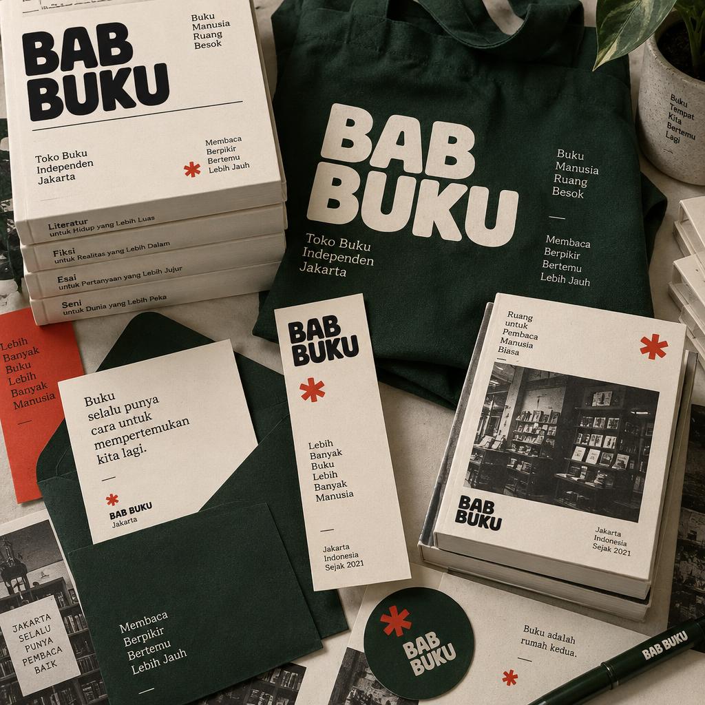 Bookstore branding concept with green tote bags, books and printed stationery
