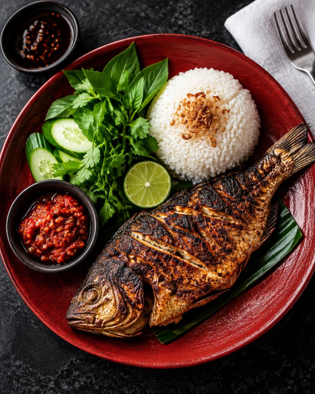 Indonesian restaurant food photography with grilled fish, rice and herbs