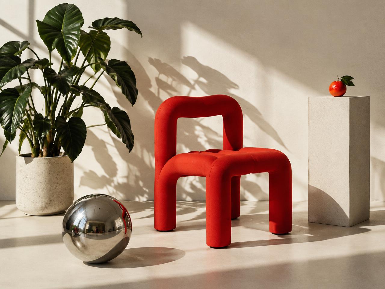 Art-directed still life with a sculptural red chair, greenery, and chrome sphere