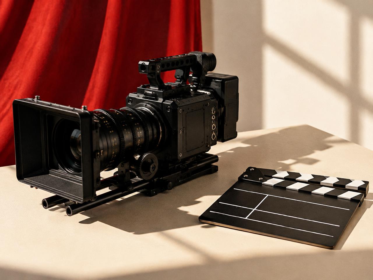 Cinema camera and clapperboard in a sunlit creative studio